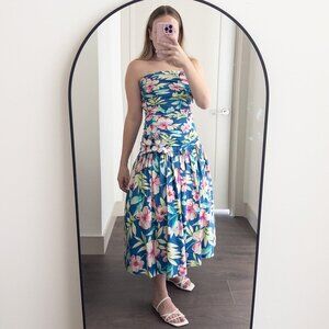 Victor Costa Vintage Floral Drop Waist Tulle Strapless Dress 1980s Lord & Taylor